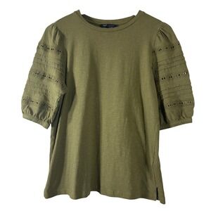 M&S Collection Womens Moss Green‎ Eyelet Lace Puff Sleeve Cotton Top Size 8